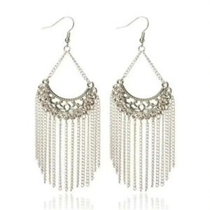 Austrian Crystal Long Earrings with Silver Chain Accents Clear